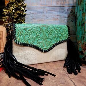 Cowgirl Crossbody Fringed Purse & Wristlet Genuine Leather Cowhide Handtooled
